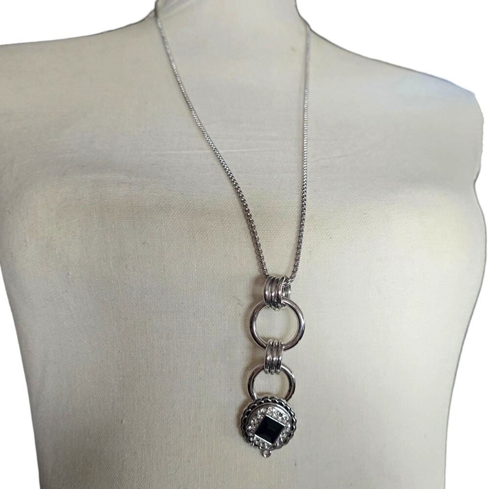 Necklace Monet Black Onyx Like Diamond Shaped Silver Tone Box Chain 30" SKU3026